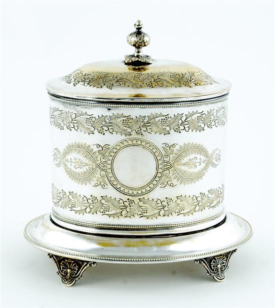 Appraisal: English Victorian silverplate biscuit box circa plumed finial on ovoid