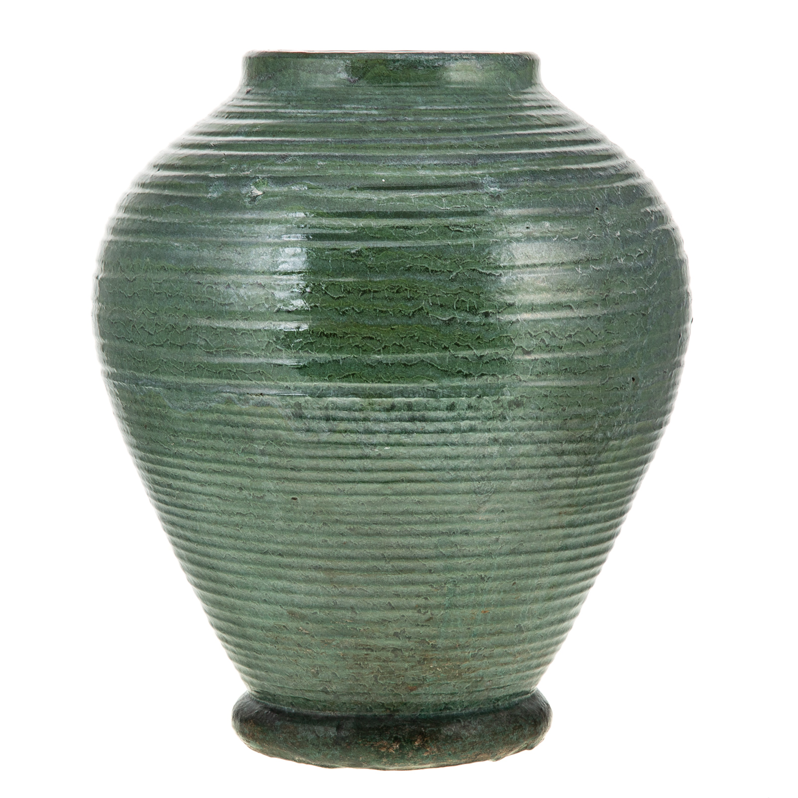 Appraisal: MERRIMAC POTTERY VASE Circa green glazed ribbed vase with impressed