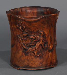 Appraisal: Chinese Wood Brush Pot Chilong Chinese wooden brush pot carved