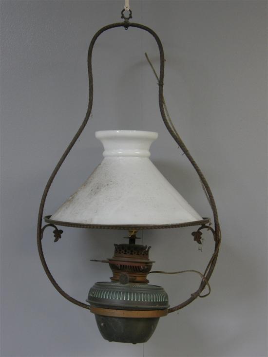 Appraisal: Cast metal hanging ceiling lamp with white glass shade PROVENANCE