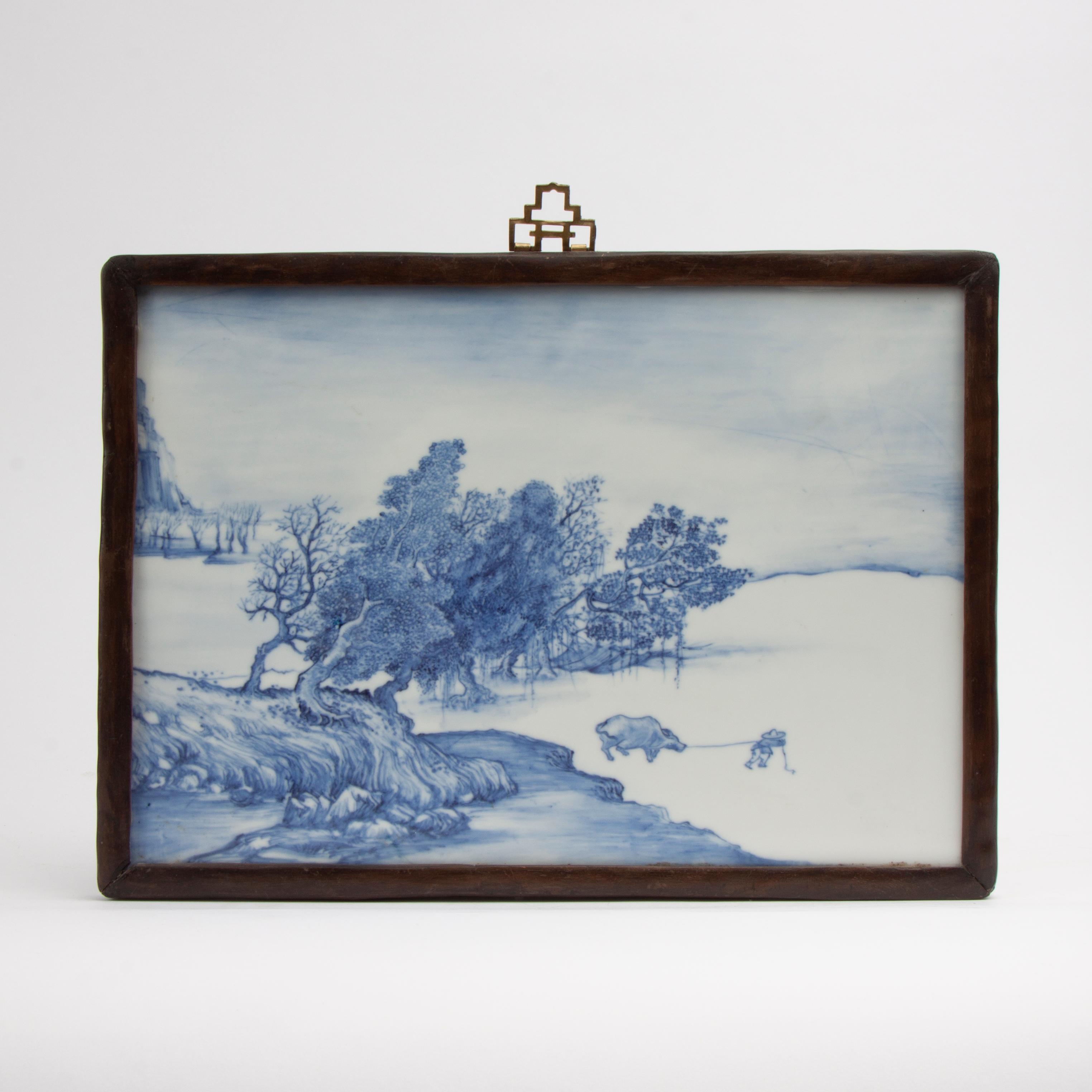 Appraisal: CHINESE PAINTED PORCELAIN PLAQUE IN ROSEWOOD FRAME An antique Chinese