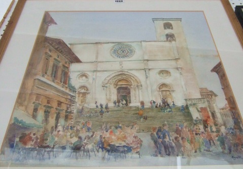 Appraisal: Michael Reynolds contemporary Todi Piazza del Duomo watercolour signed cm