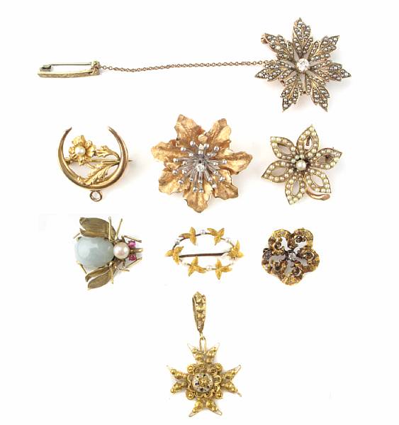 Appraisal: A collection of nine seed pearl gemset and gold broochees