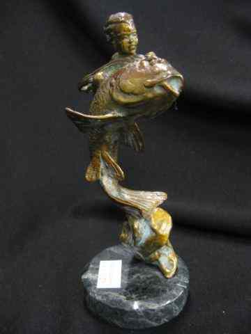 Appraisal: Mitch S Billis Bronze of Child Riding on Fish marble