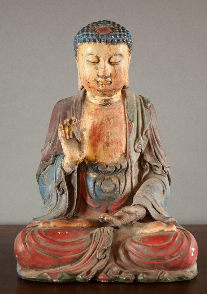 Appraisal: CHINESE QING DRY LACQUER BUDDHA depicting a Buddha with snail