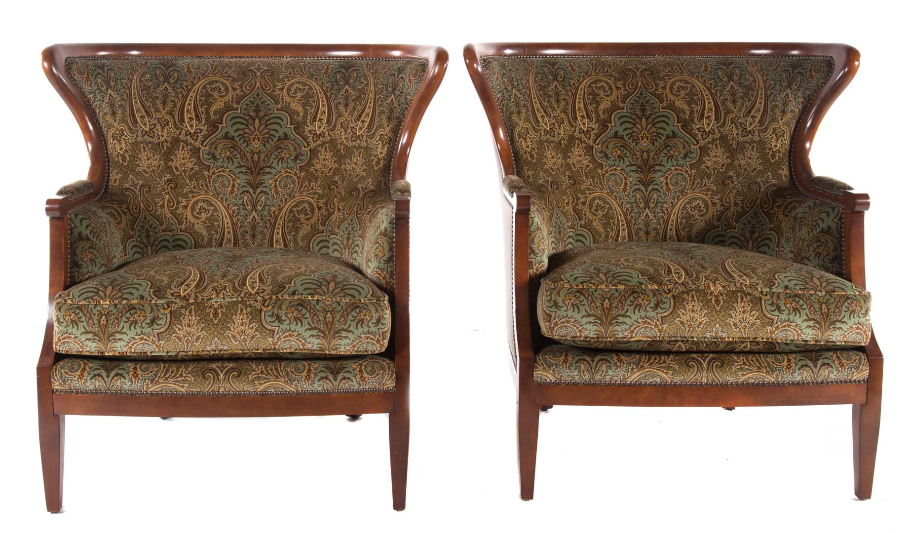 Appraisal: Pair of contemporary upholstered wing chairs exposed cherry wood frames