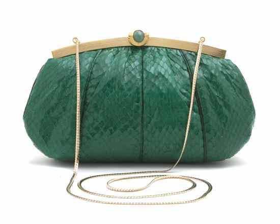 Appraisal: A Judith Leiber Green Snakeskin Evening Bag with a jeweled