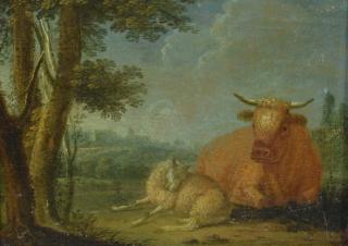 Appraisal: Continental School th Century oil on canvas Cow and Sheep