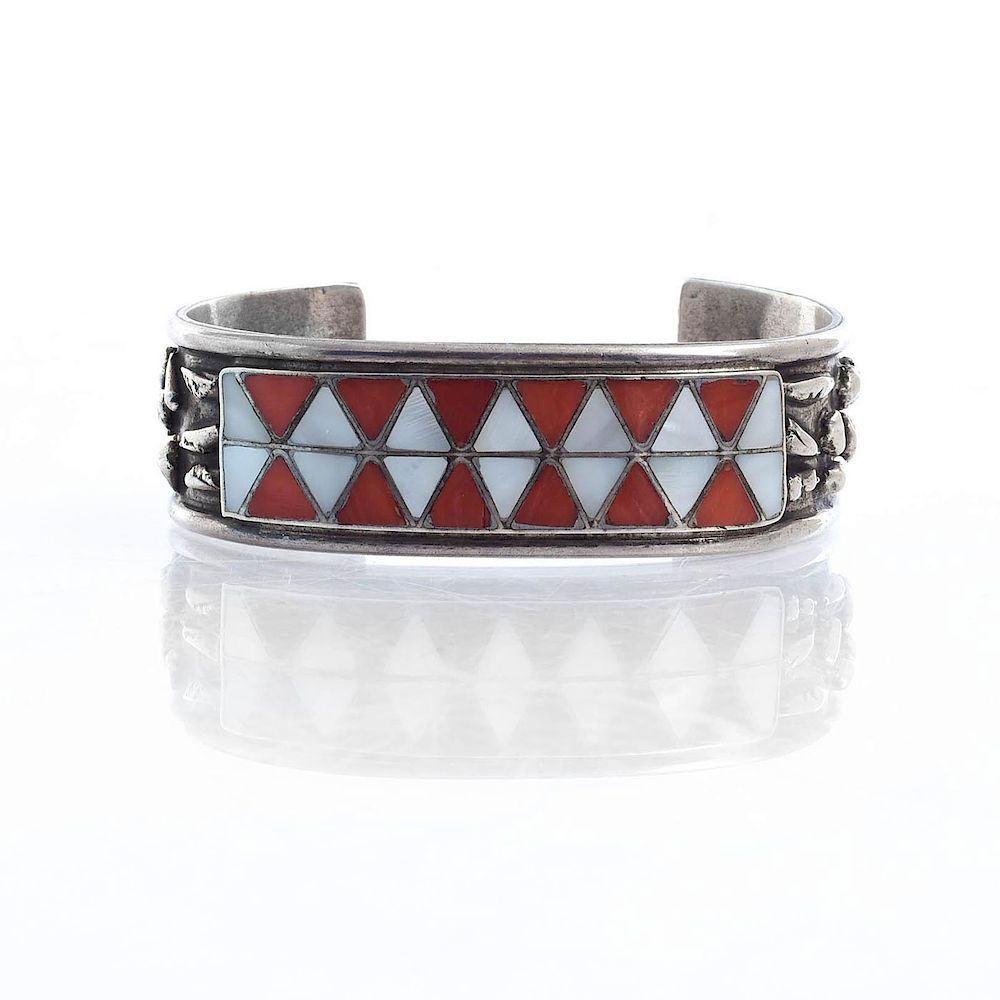 Appraisal: RANDOLPH LATEYICE ZUNI INLAID SILVER BRACELET Cuff bracelet with inset