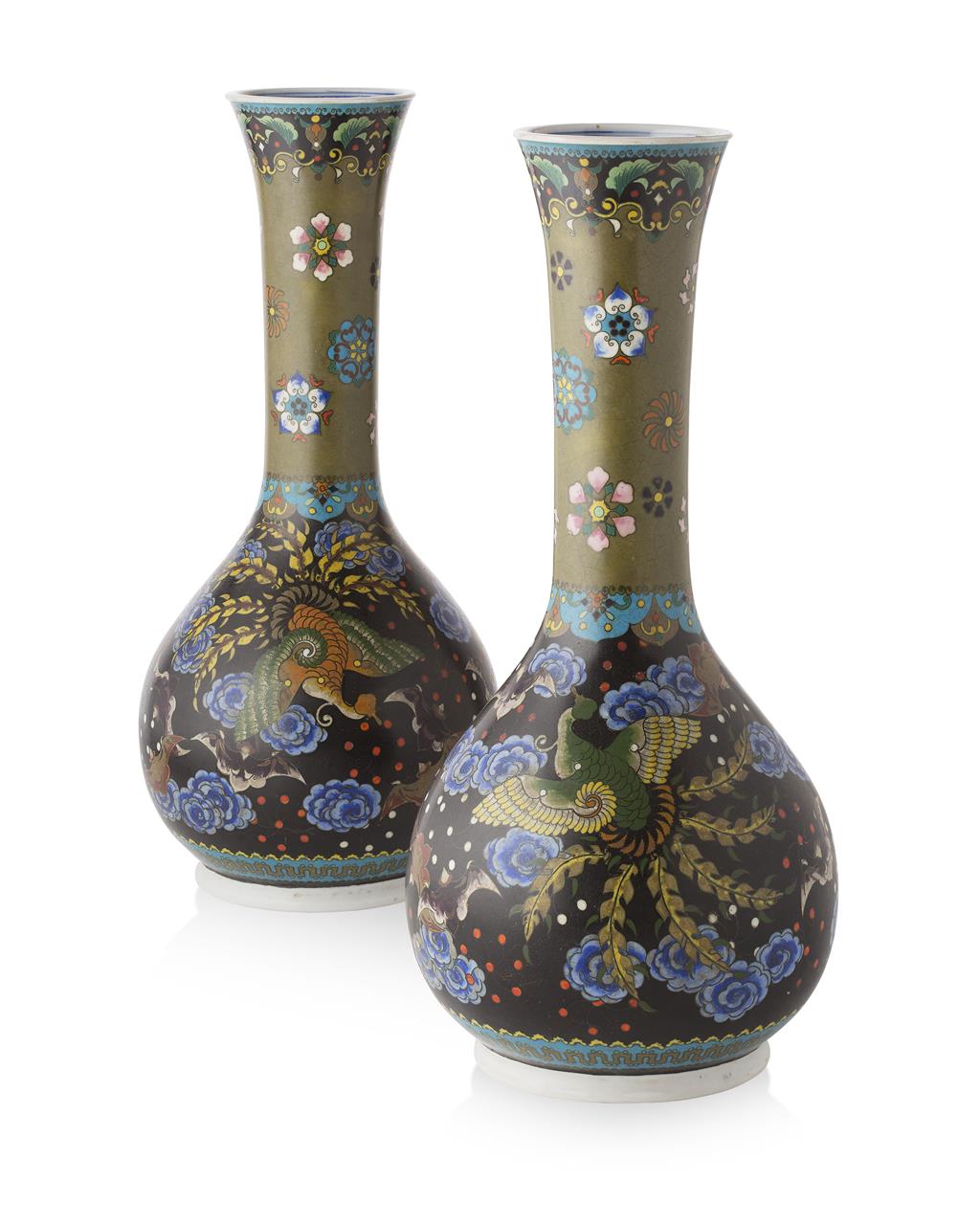 Appraisal: PAIR OF JAPANESE CLOISONNE ON PORCELAIN VASES BY TAKEUCHI CHUBEI