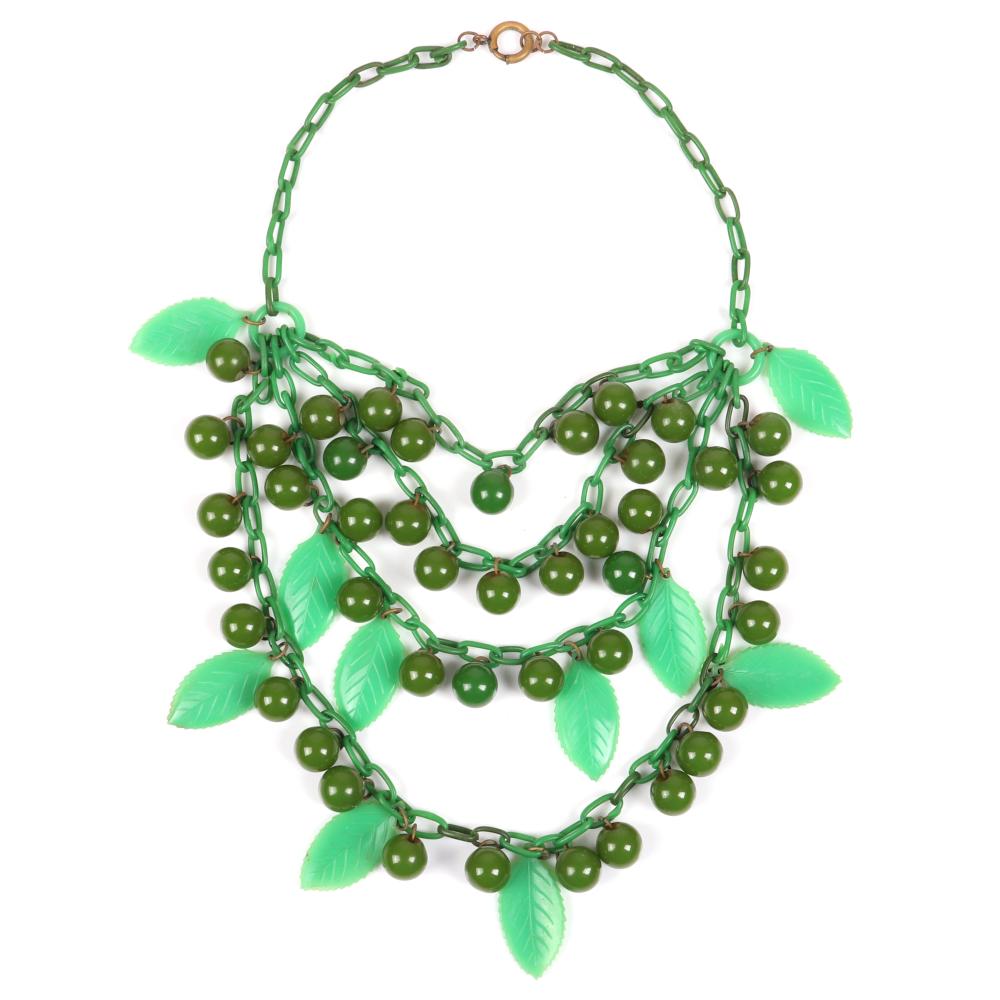 Appraisal: BAKELITE FOUR TIER STRAND NECKLACE WITH GREEN CELLULOID CHAIN AND