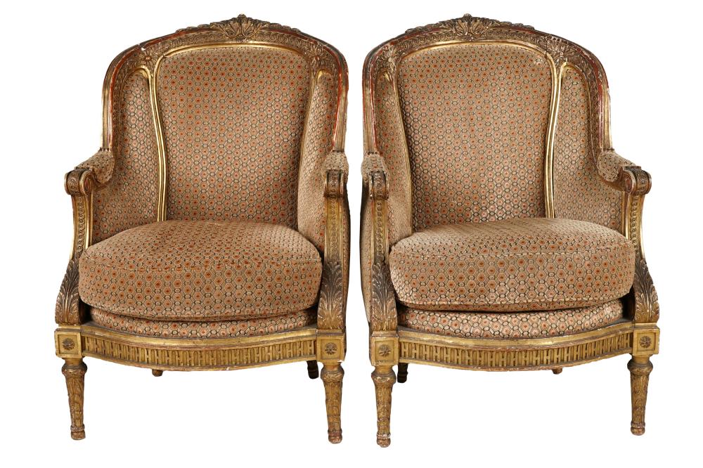 Appraisal: PAIR OF CARVED GILT WOOD BERGERESCondition with wear and loose