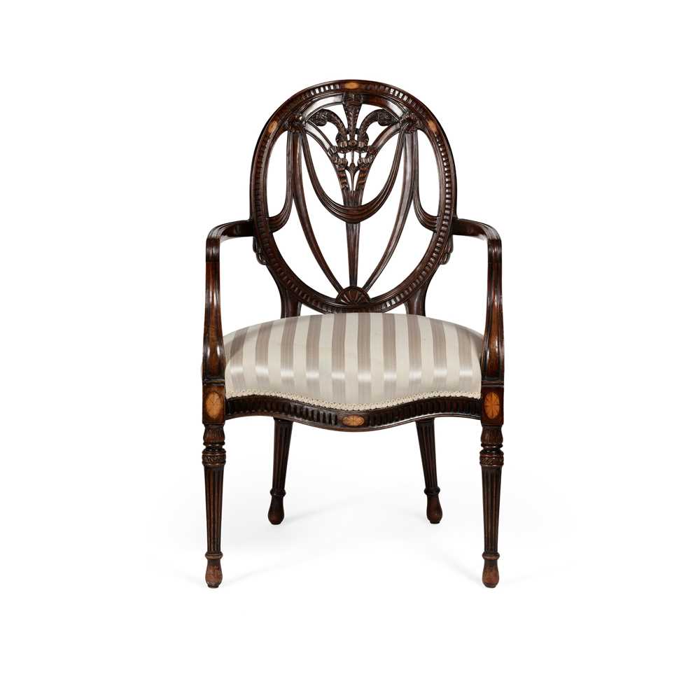 Appraisal: CHIPPENDALE REVIVAL MAHOGANY INLAID OPEN ARMCHAIR BY S H JEWELL