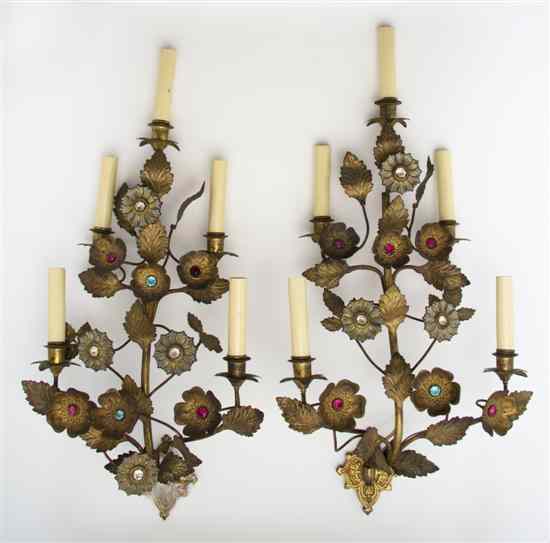 Appraisal: A Pair of Tole Five-Light Sconces each of foliate form