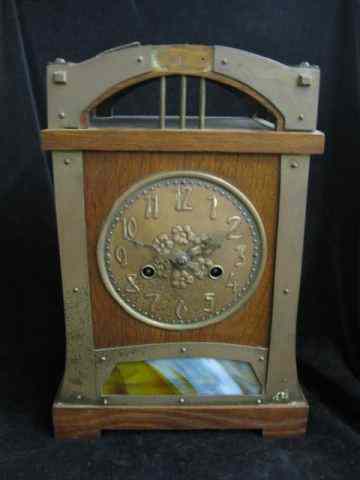 Appraisal: Arts Crafts Mantle Clock oak with stained glass brass trim