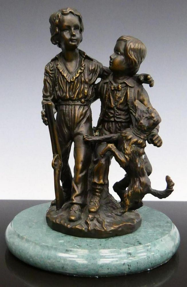 Appraisal: SMALL BRONZE STATUE OF PALS AND DOG ON BASE Measures