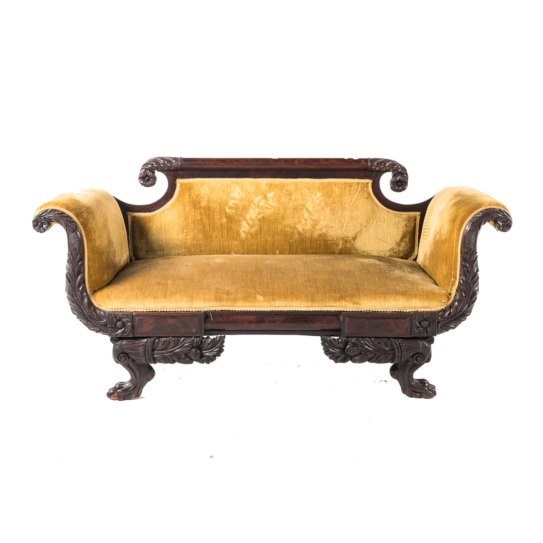 Appraisal: Classical Revival carved mahogany settee late th century foliate carved