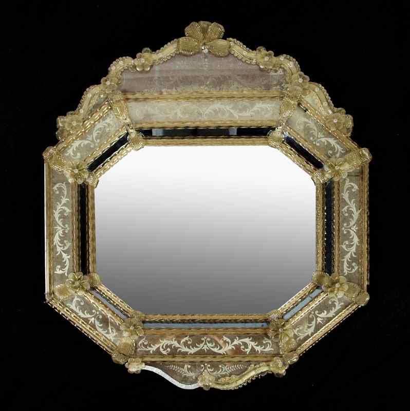 Appraisal: ITALIAN VENETIAN ENGRAVED GLASS MIRROR Octagonal shaped center plate framed