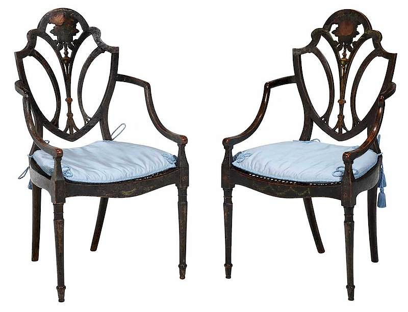 Appraisal: Pair Adam Paint Decorated Shield Back Armchairs British circa each