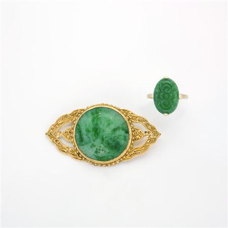 Appraisal: Gold and Carved Jade Brooch and Ring Estimate -