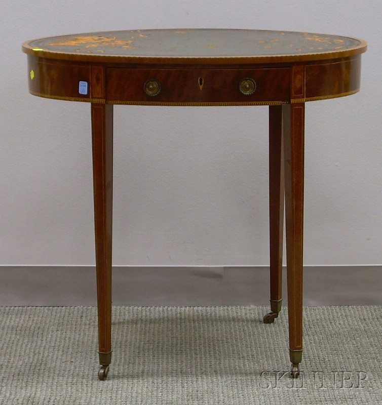 Appraisal: Oval Inlaid Mahogany Veneer Table with Leather-inset Top single drawer