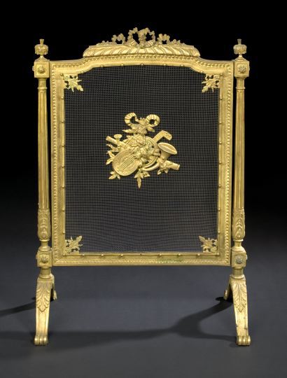 Appraisal: Louis XVI-Style Gilt-Brass Firescreen ca with a ribbon-and-bow-gadrooned crest the