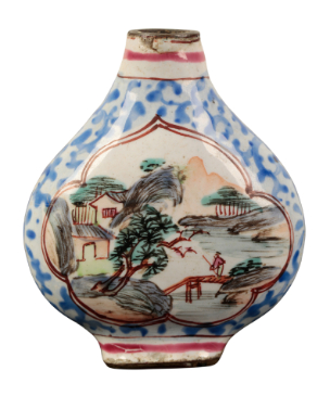 Appraisal: A CANTON ENAMEL SNUFF BOTTLE Qing with landscape panels on