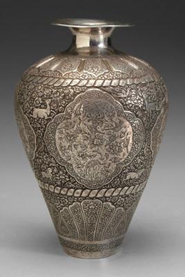 Appraisal: Persian silver vase elaborate design with birds deer rabbits and