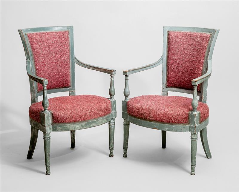 Appraisal: Pair of Directoire Painted Fauteuils en Cabriolet With upholstered back