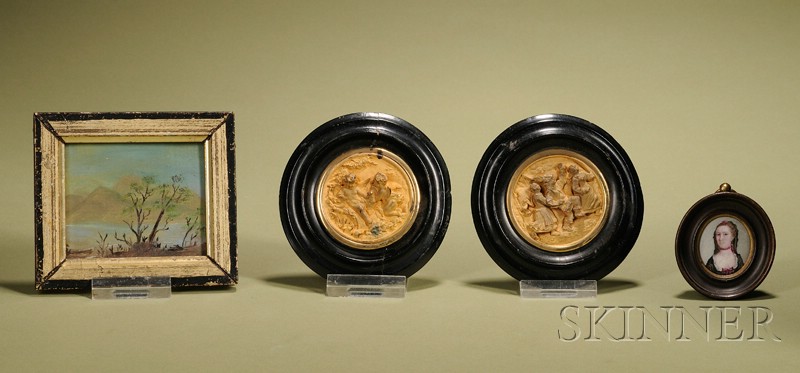 Appraisal: Four Miniature Plaques and Paintings a pair of Continental framed