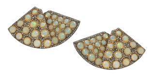 Appraisal: A PAIR OF BLACKENED GOLD OPAL AND DIAMOND EARRINGS A