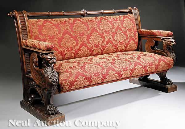 Appraisal: A Fine Highly Carved Oak Griffin Bench of Renaissance Inspiration