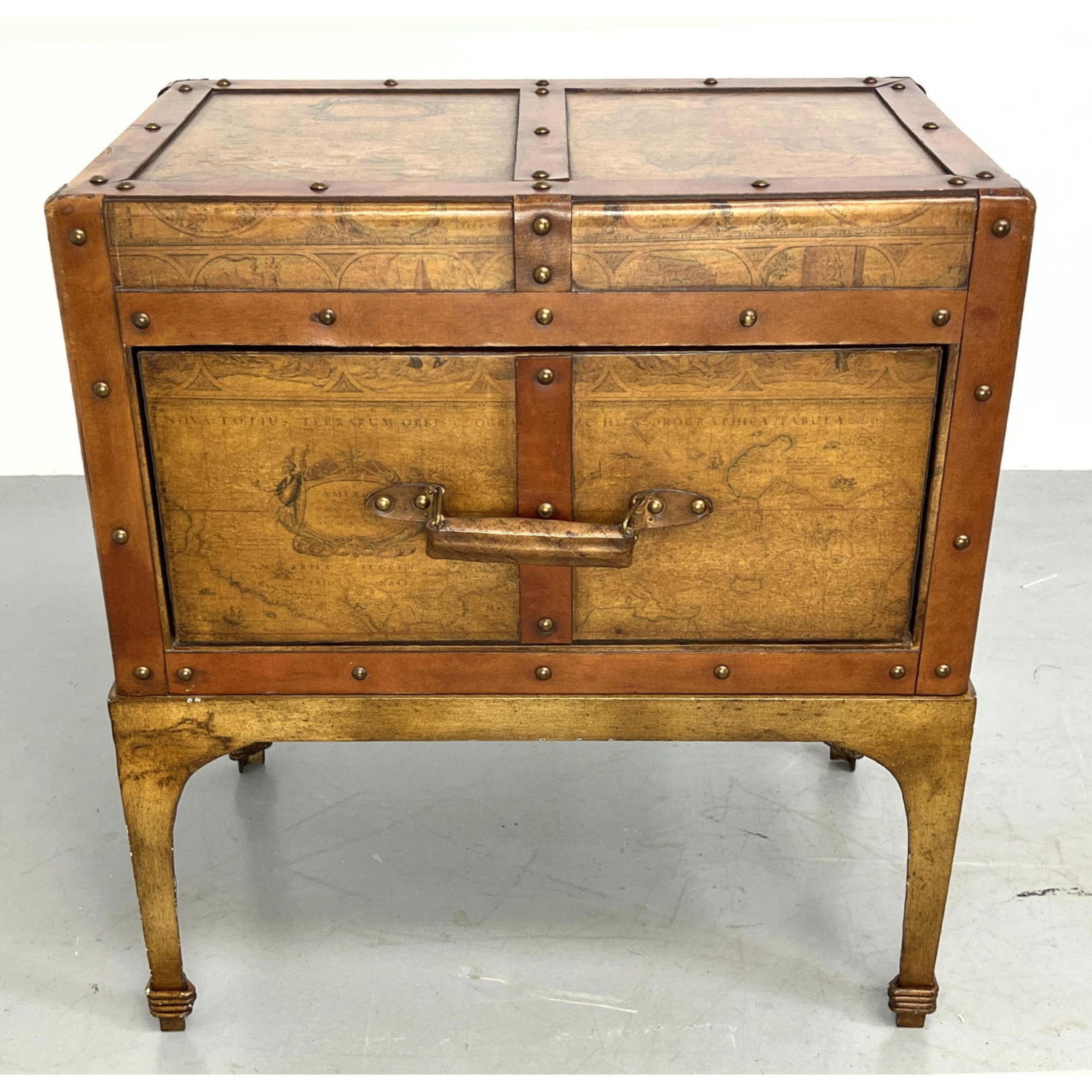 Appraisal: MAITLAND SMITH Contemporary Chest on Stand Leather strapping on map