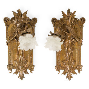 Appraisal: A Pair of Bronze Art Nouveau Figural Wall Sconces by