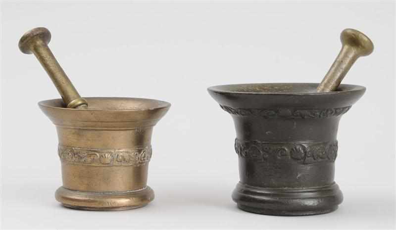 Appraisal: TWO ENGLISH MORTARS AND PESTLES POSSIBLY WHITECHAPEL FOUNDRY One bronze