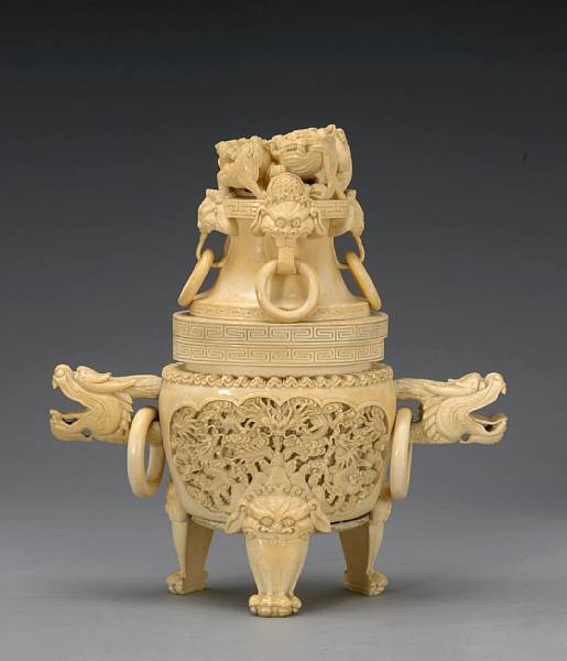 Appraisal: A pieced ivory covered tripod censer th Century Of oval