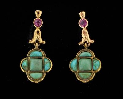 Appraisal: A Pair of Renaissance Revival Turquoise and Pink Sapphire Pendant