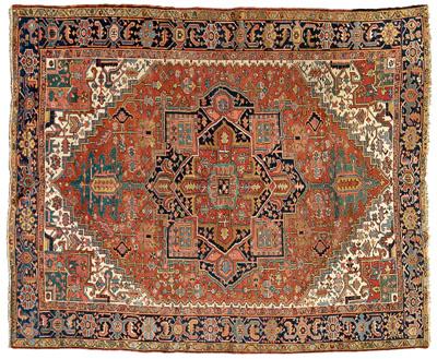 Appraisal: Heriz rug large central medallion on brick red field multiple