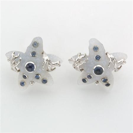 Appraisal: Pair of White Gold Blue Chalcedony and Cabochon Sapphire Starfish