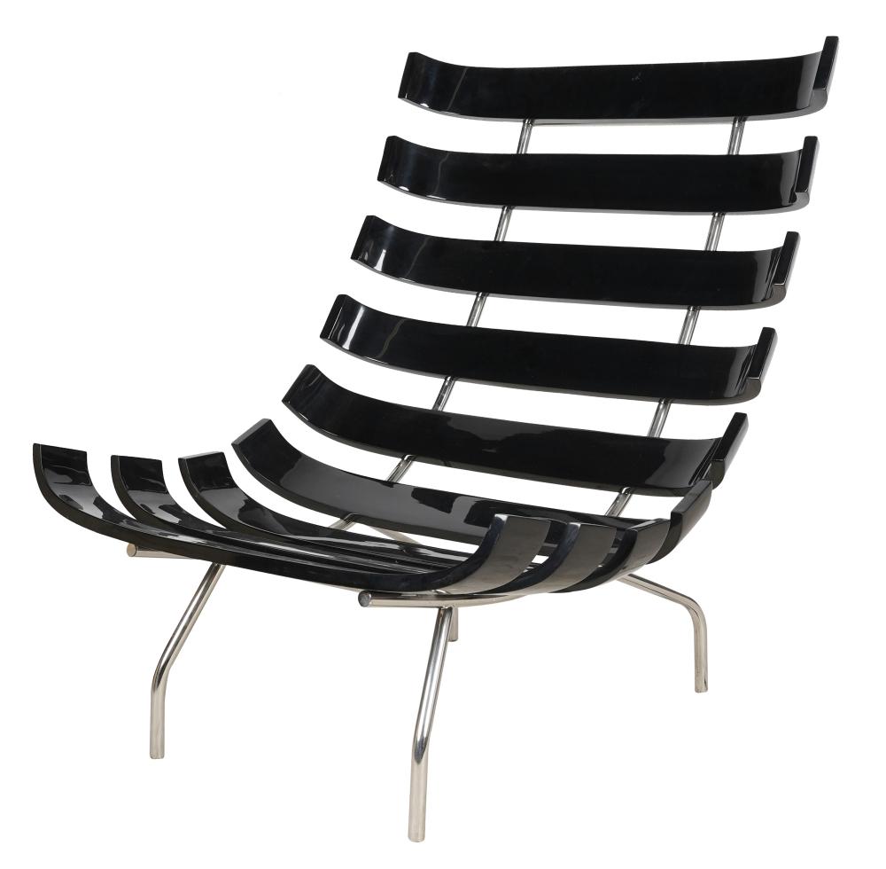 Appraisal: BLACK POLISHED LACQUER CHROMED METAL CHAIRwith slatted back and seat