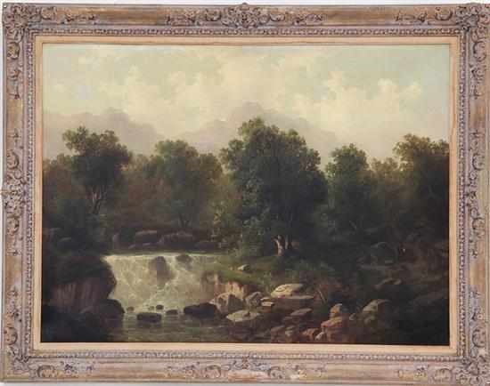 Appraisal: British school early th century LANDSCAPE WITH WATERFALL oil on