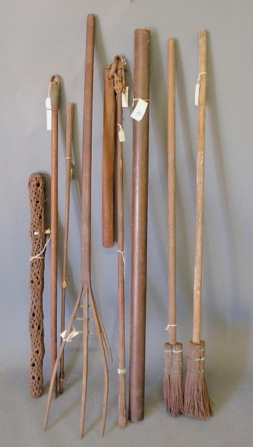 Appraisal: Group of wooden tools- hay fork flail brooms etc