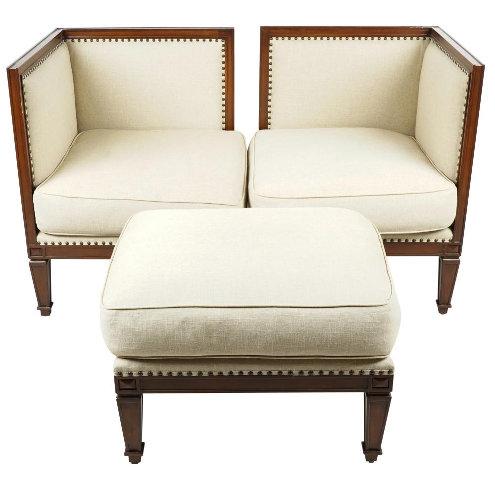 Appraisal: PAIR OF CORNER CHAIRS OTTOMANcontemporary unsigned covered with natural-colored linen