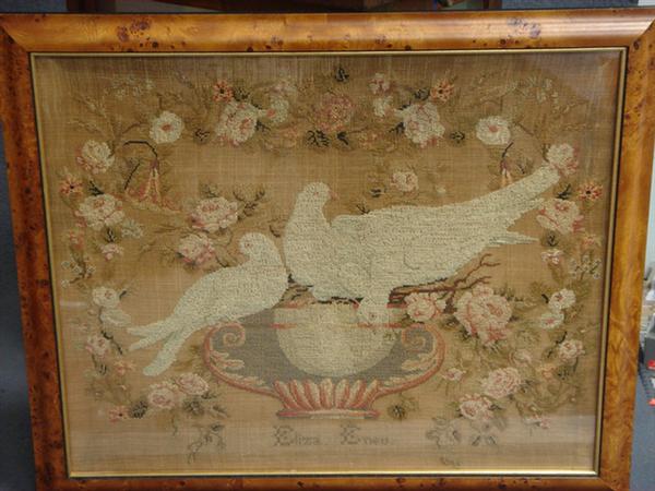 Appraisal: Needlework panel depicting doves on bowl surrounded by floral vines