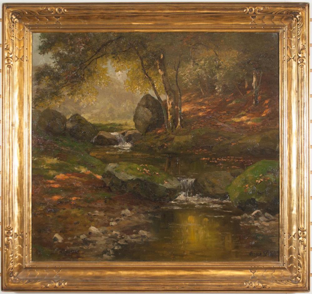 Appraisal: OSCAR LEU Germany - oil on board forest stream Signed