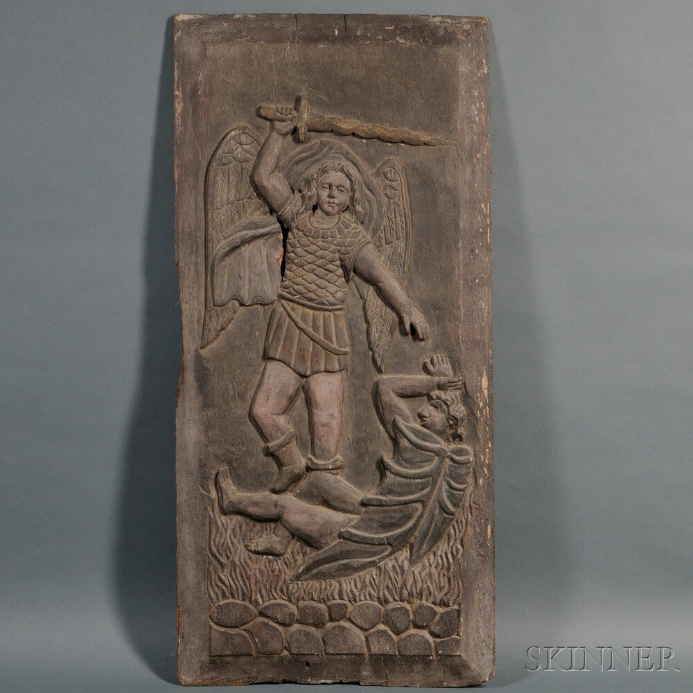 Appraisal: Carved Wood Panel Depicting the Archangel Michael the single panel