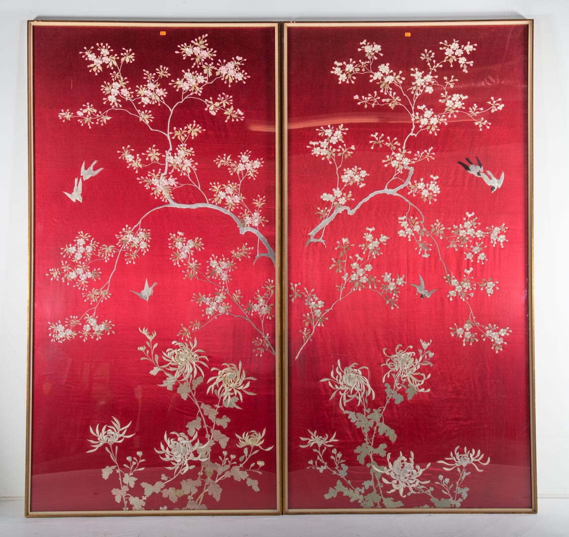 Appraisal: Pair of Chinese embroidered silk panels th century red background