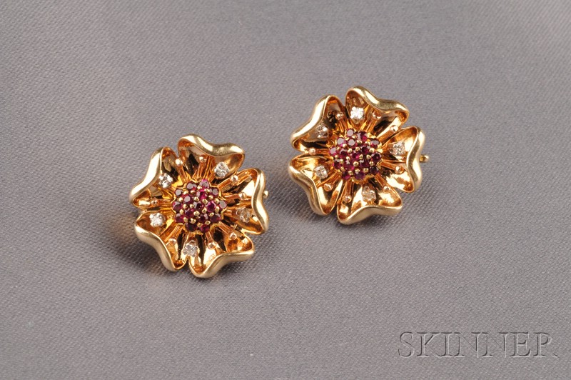 Appraisal: kt Gold Ruby and Diamond Earclips Tiffany Co each with