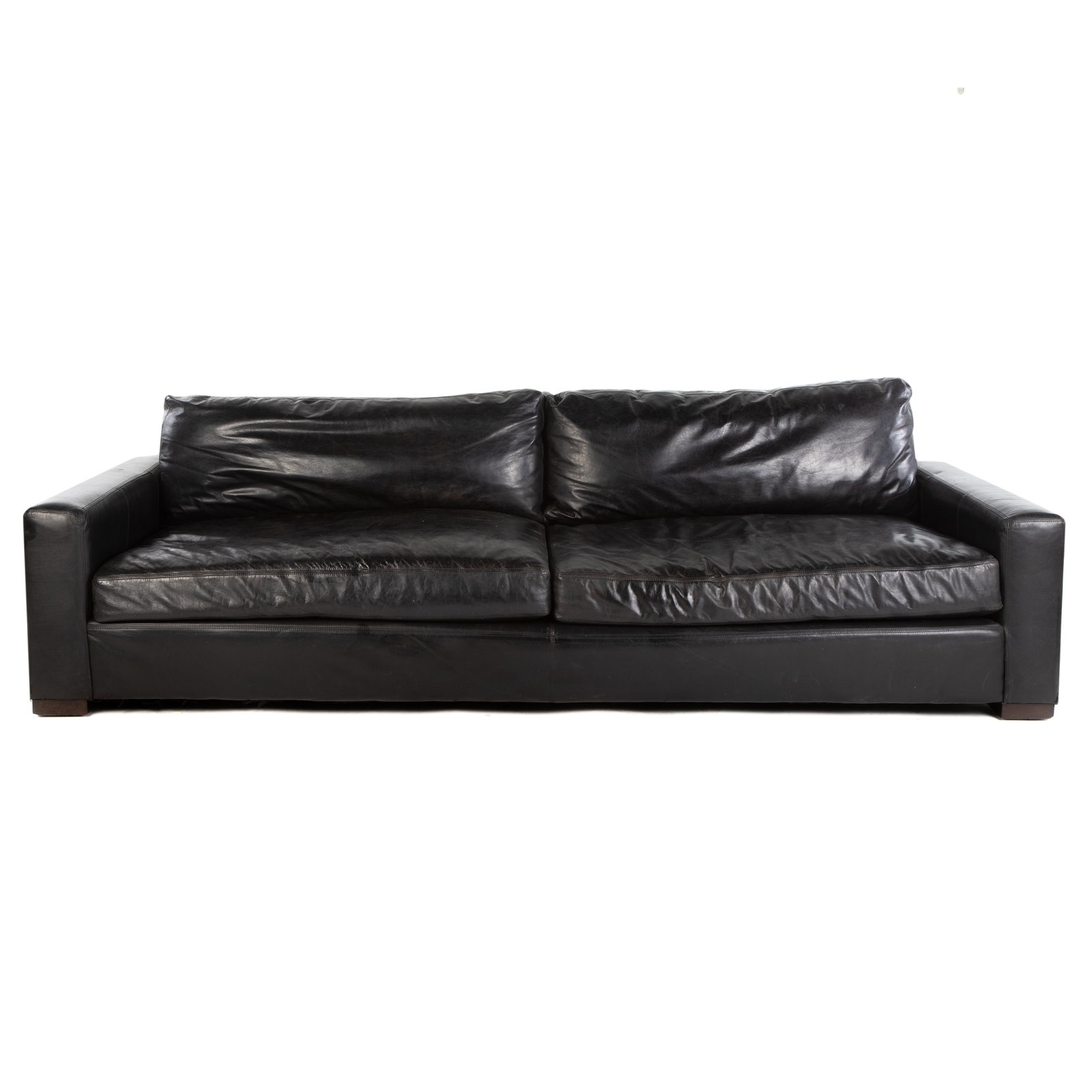 Appraisal: RESTORATION HARDWARE LEATHER SOFA Large cushion black leather sofa in