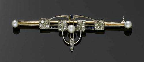 Appraisal: PEARL DIAMOND AND SAPPHIRE BROOCH ca Platinum over yellow gold